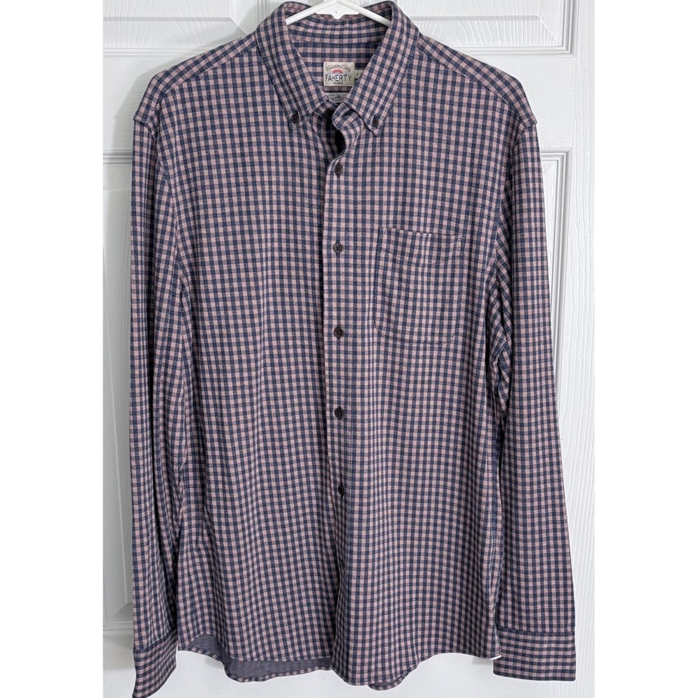 Faherty Coastline Knit Shirt Medium Blue Pink Gingham Supima Cotton